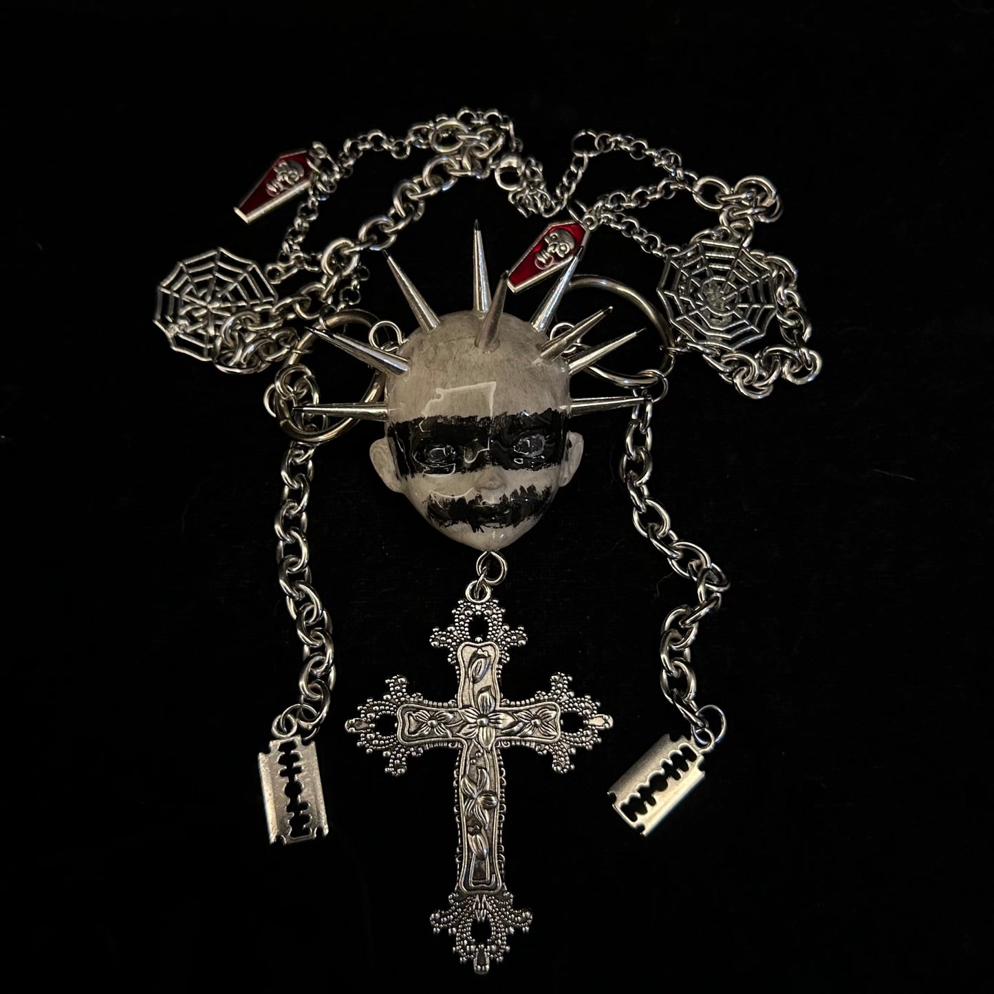 Handmade Dark Titanium Doll Head Necklace