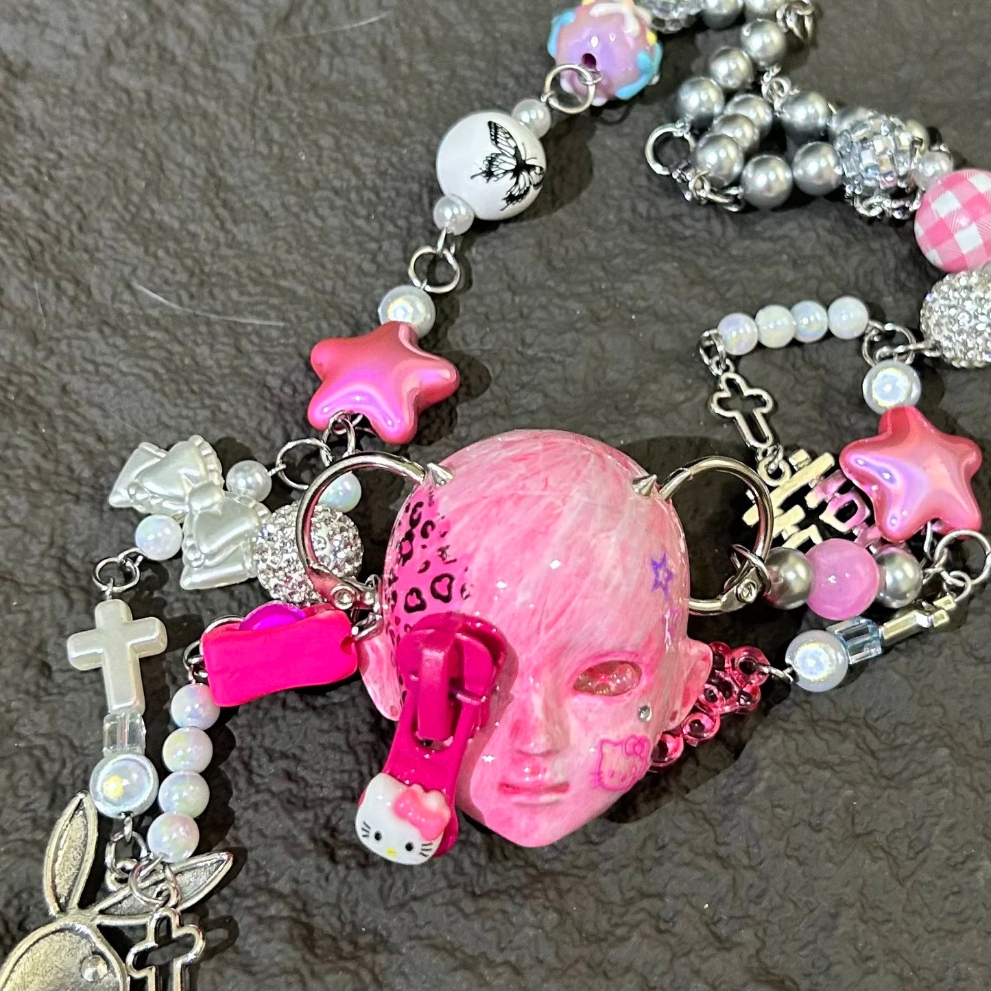 Handmade Hello Kitty Leopard Rose Doll Head Necklace