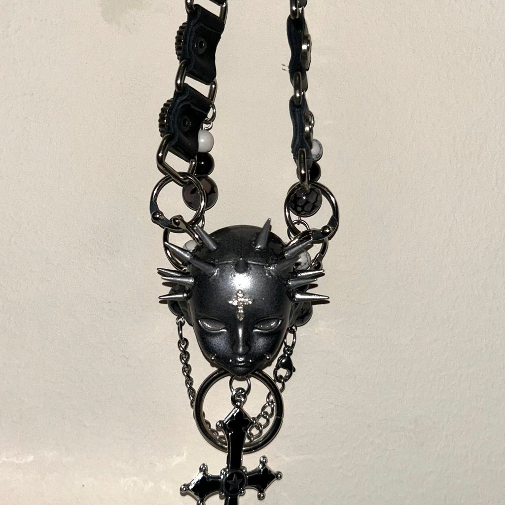 Handmade Black Studded Cross Doll Head Necklace