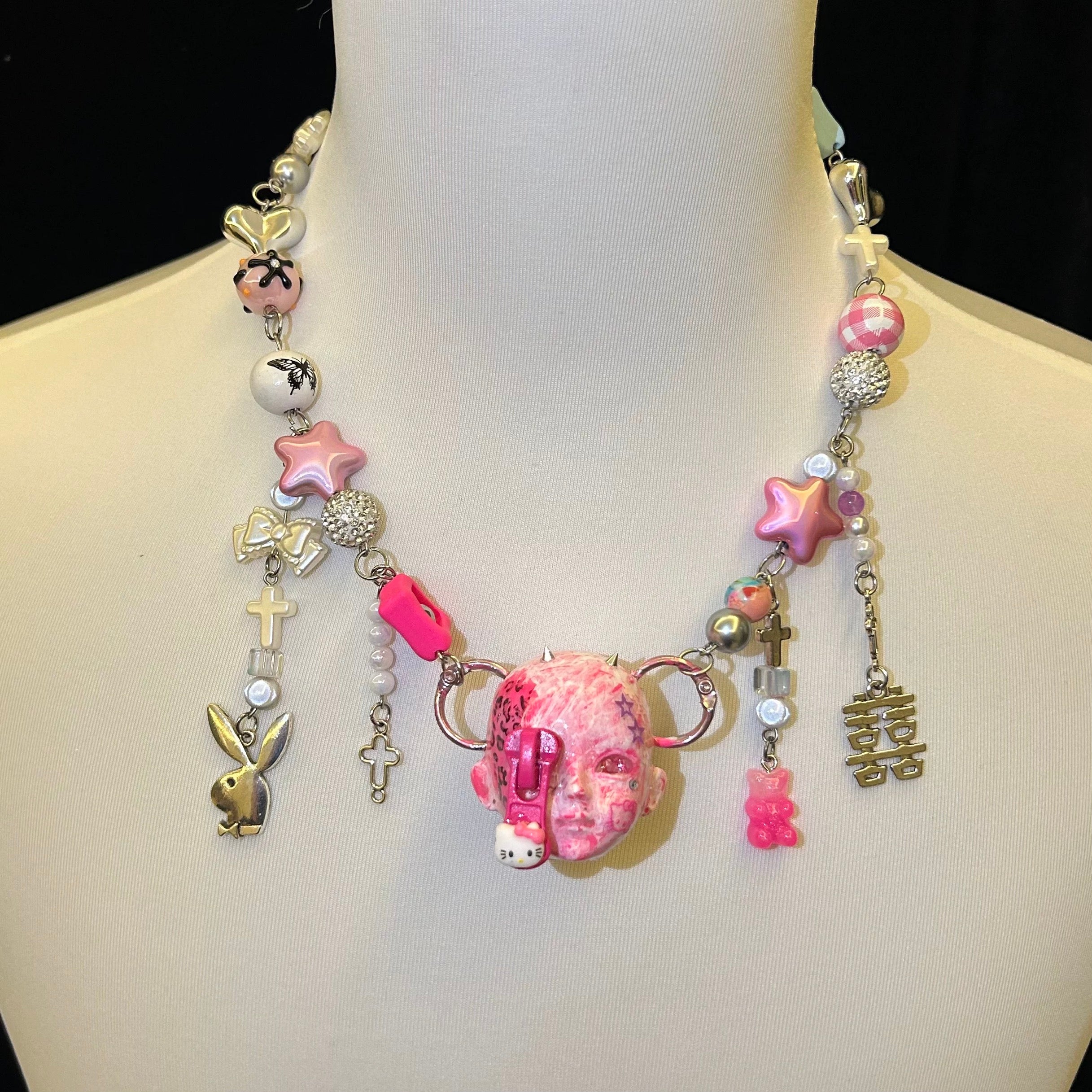 Handmade Hello Kitty Leopard Rose Doll Head Necklace