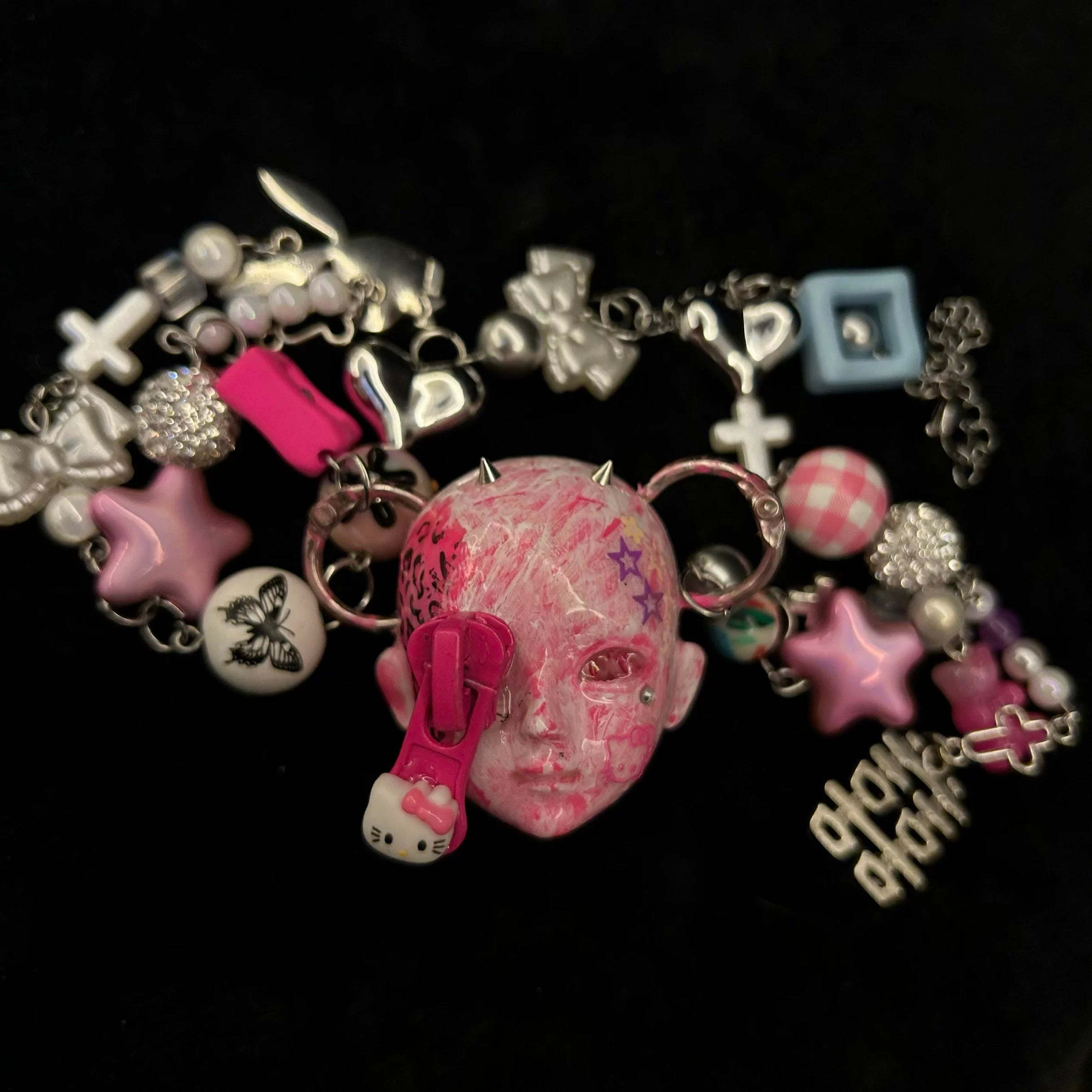 Handmade Hello Kitty Leopard Rose Doll Head Necklace