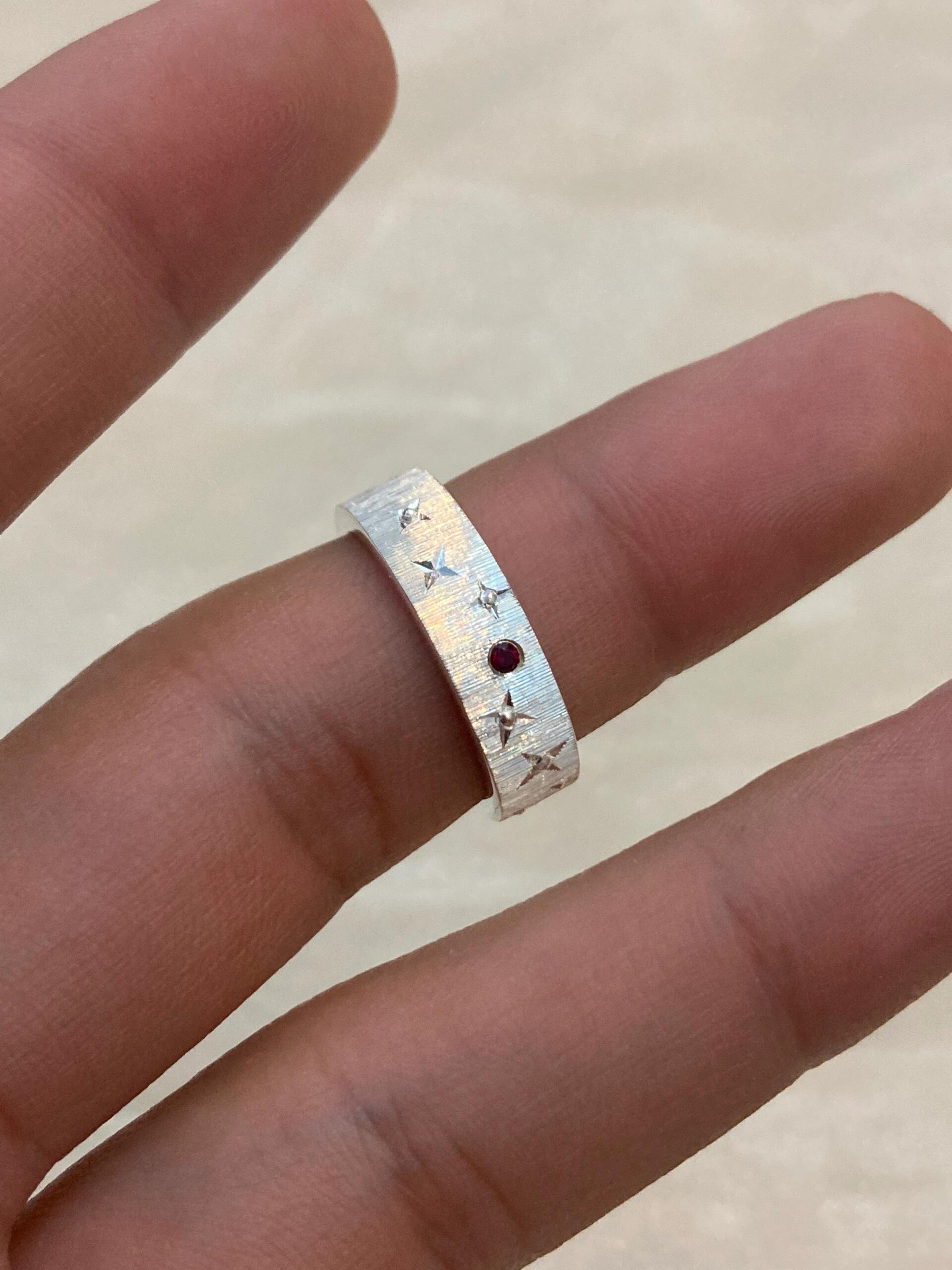 Handmade Red Zirconia Brushed Ring - Starry Night Collection (Free Customization)