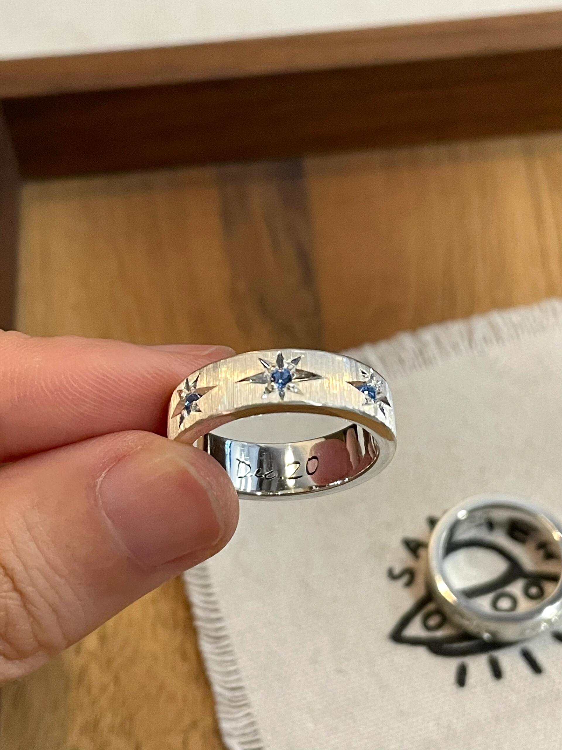 Handmade Blue Zirconia Brushed Ring
-Three Stars Collection  (Free Customization)