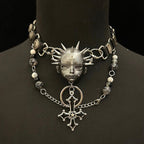 Handmade Black Studded Cross Doll Head Necklace