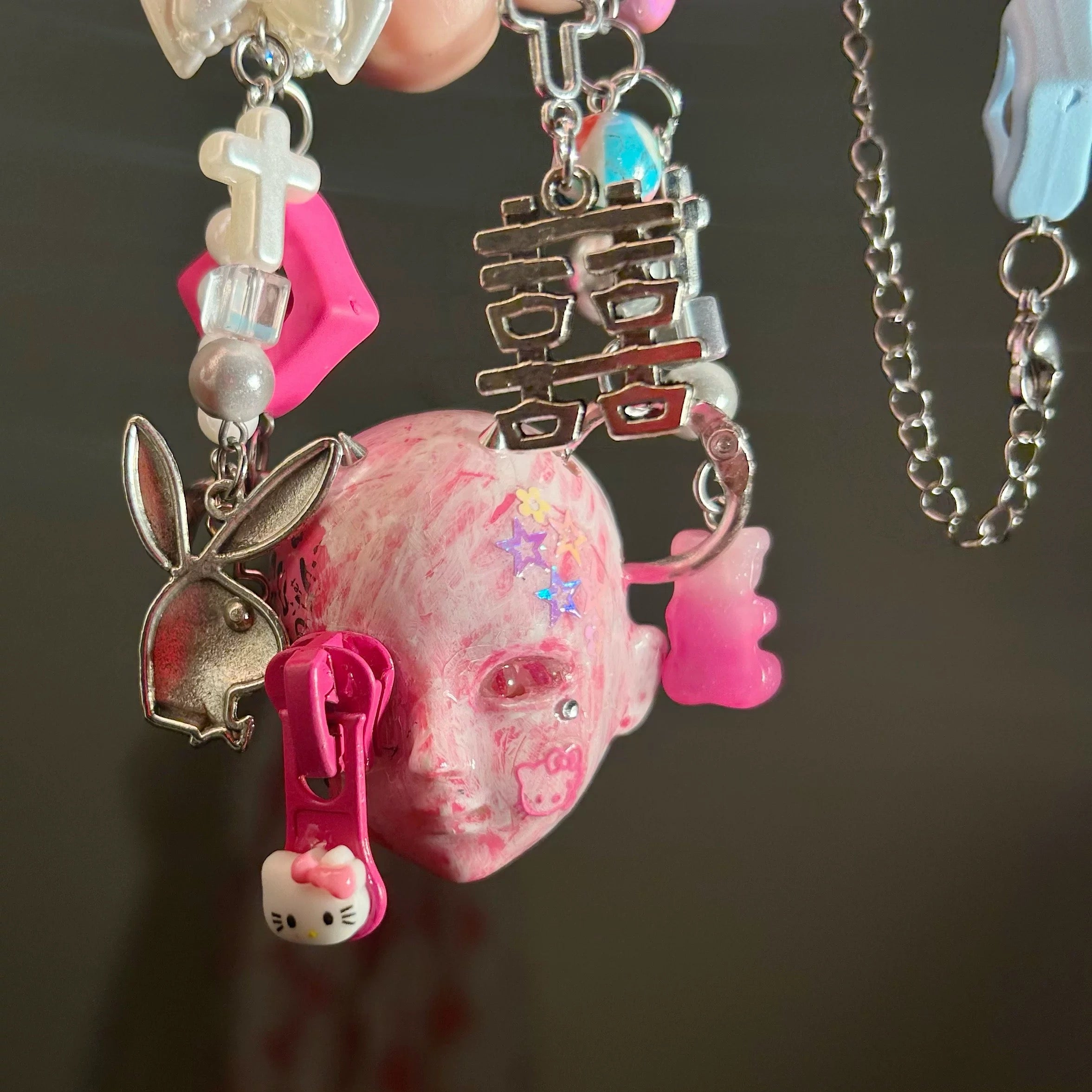 Handmade Hello Kitty Leopard Rose Doll Head Necklace