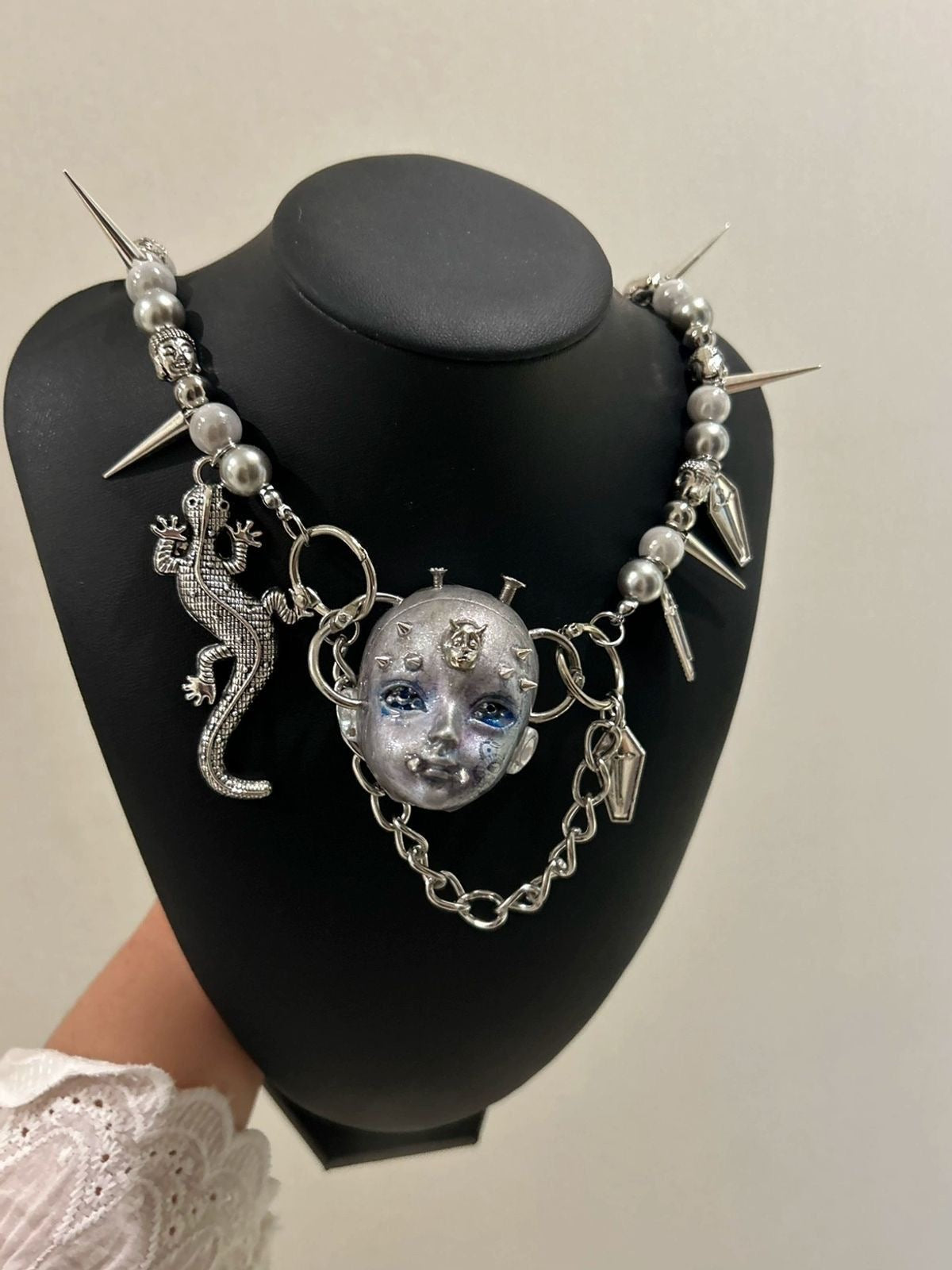 Handmade Silver Punk Style Doll Head Necklace