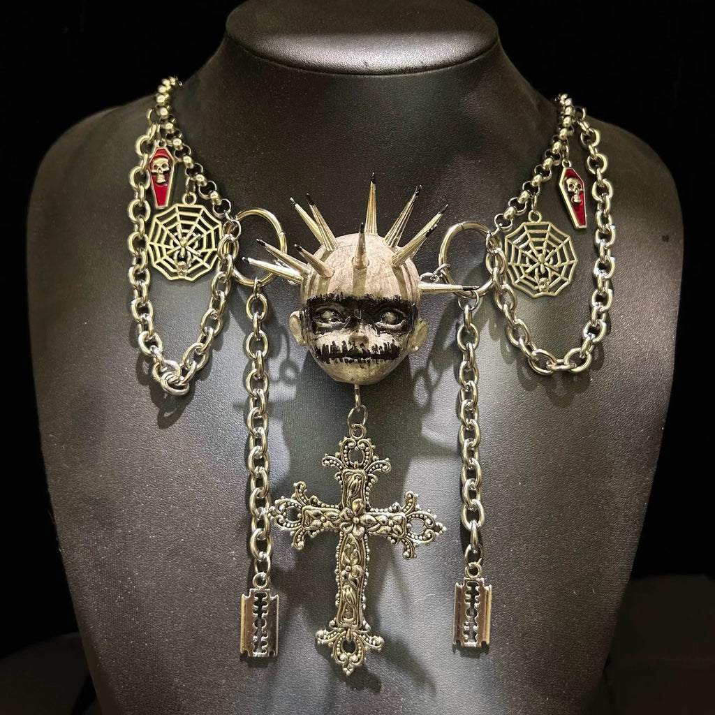 Handmade Dark Titanium Doll Head Necklace
