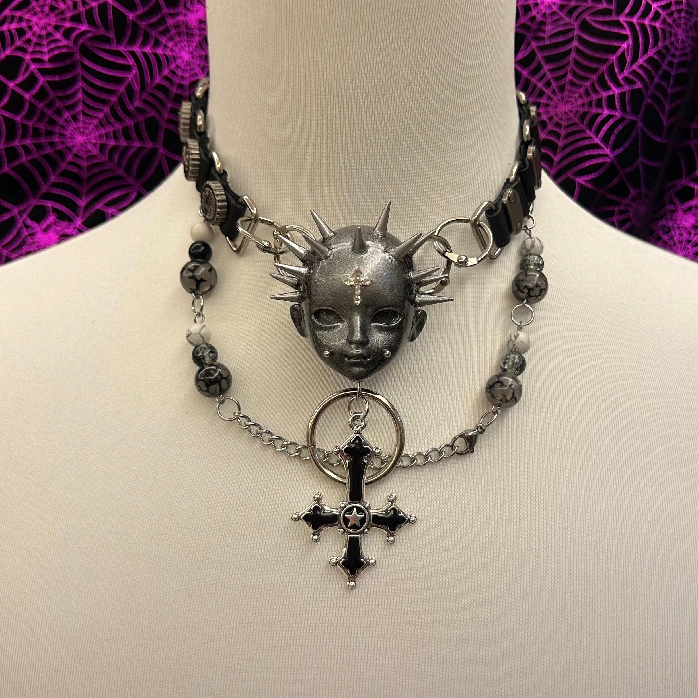 Handmade Black Studded Cross Doll Head Necklace