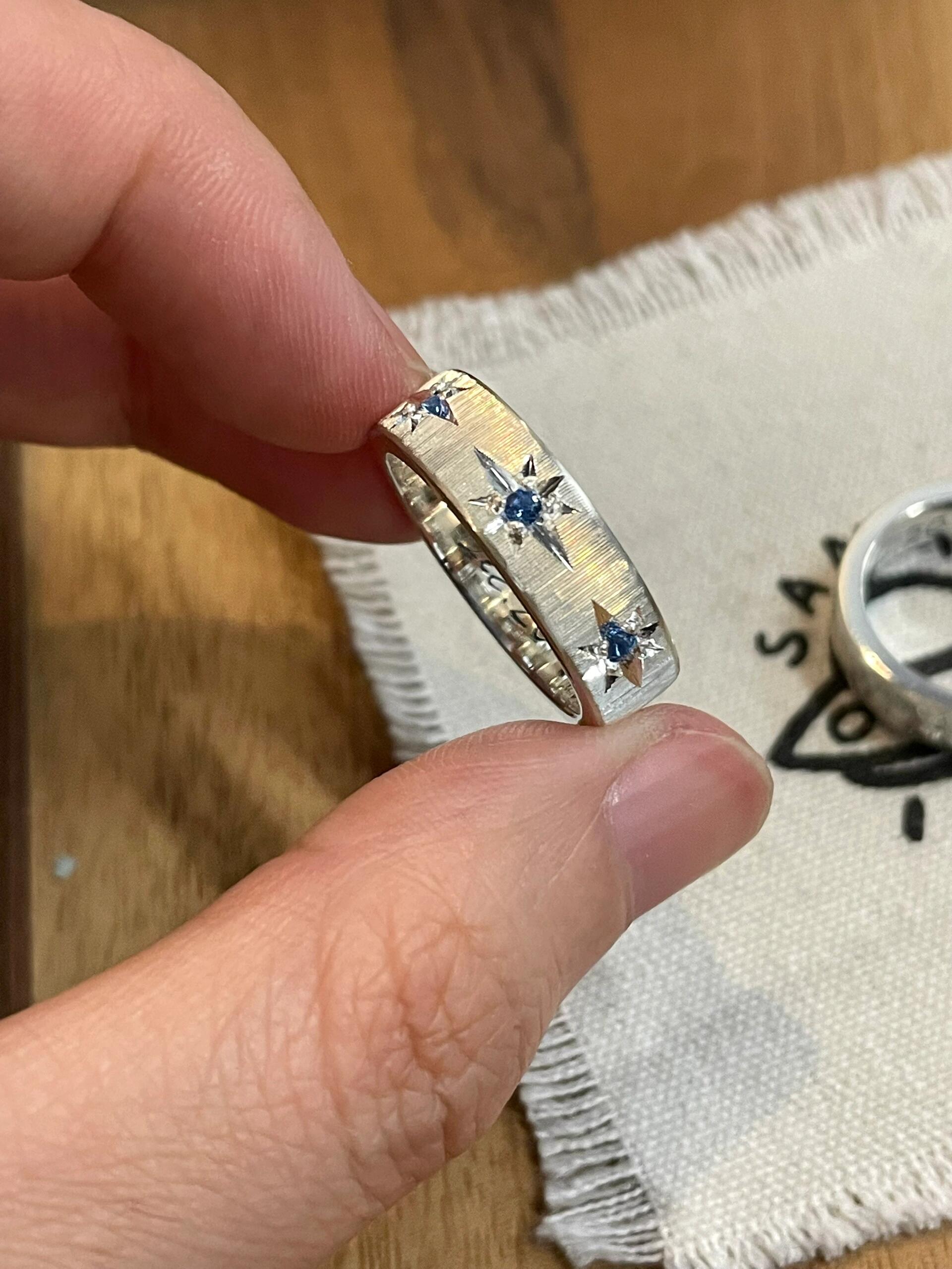 Handmade Blue Zirconia Brushed Ring
-Three Stars Collection  (Free Customization)