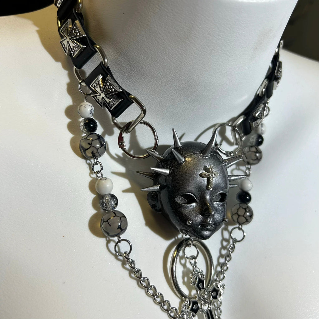 Handmade Black Studded Cross Doll Head Necklace