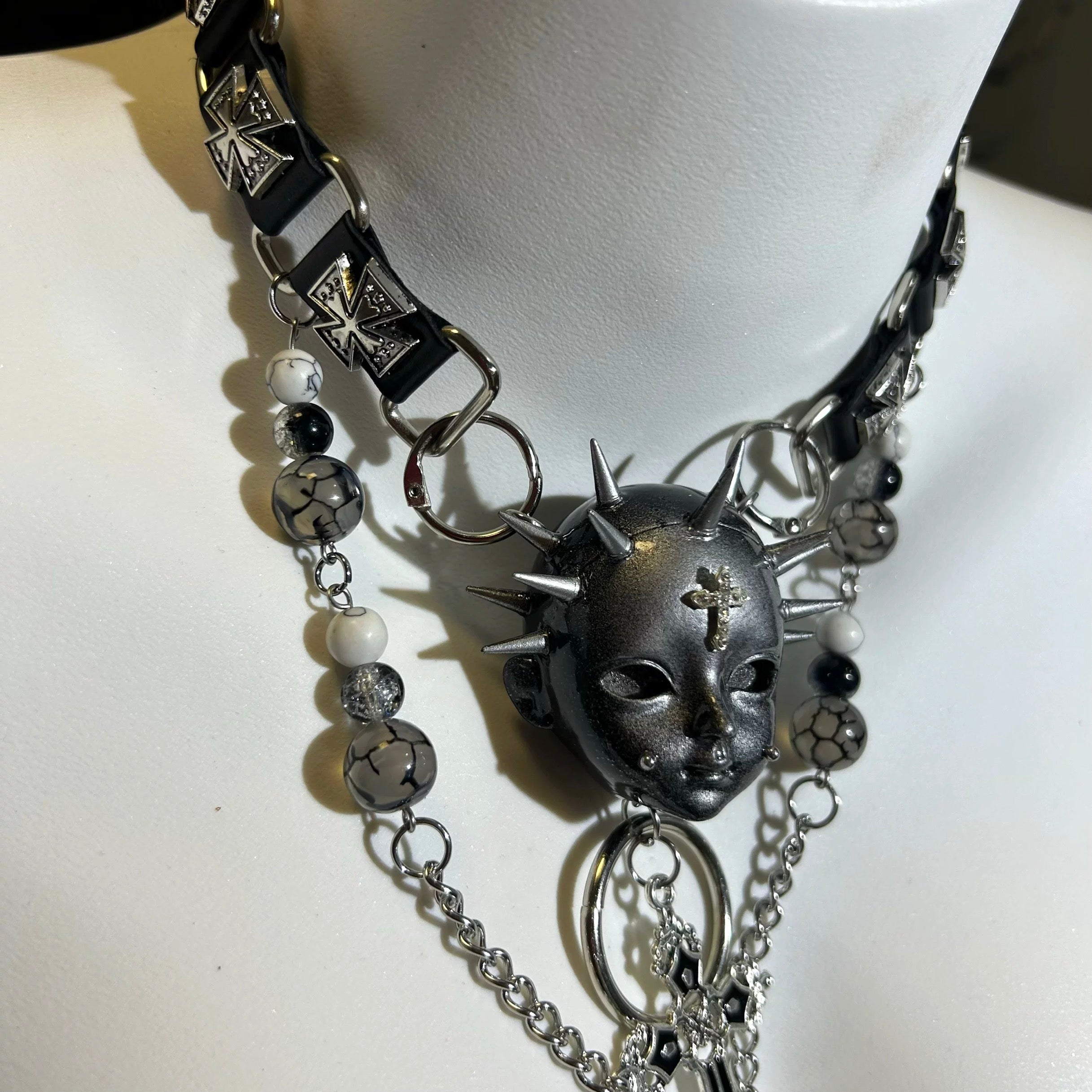 Handmade Black Studded Cross Doll Head Necklace