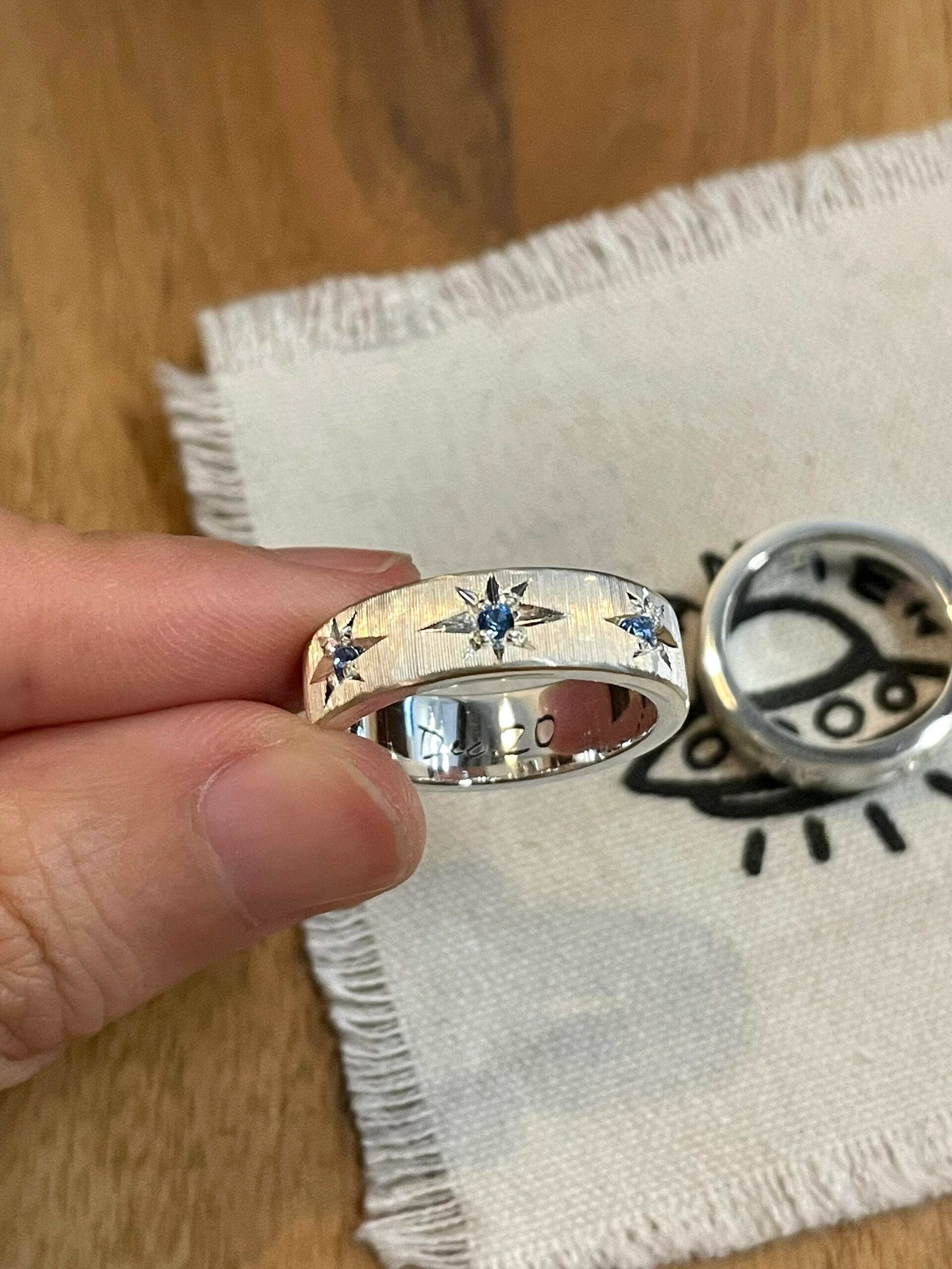 Handmade Blue Zirconia Brushed Ring
-Three Stars Collection  (Free Customization)