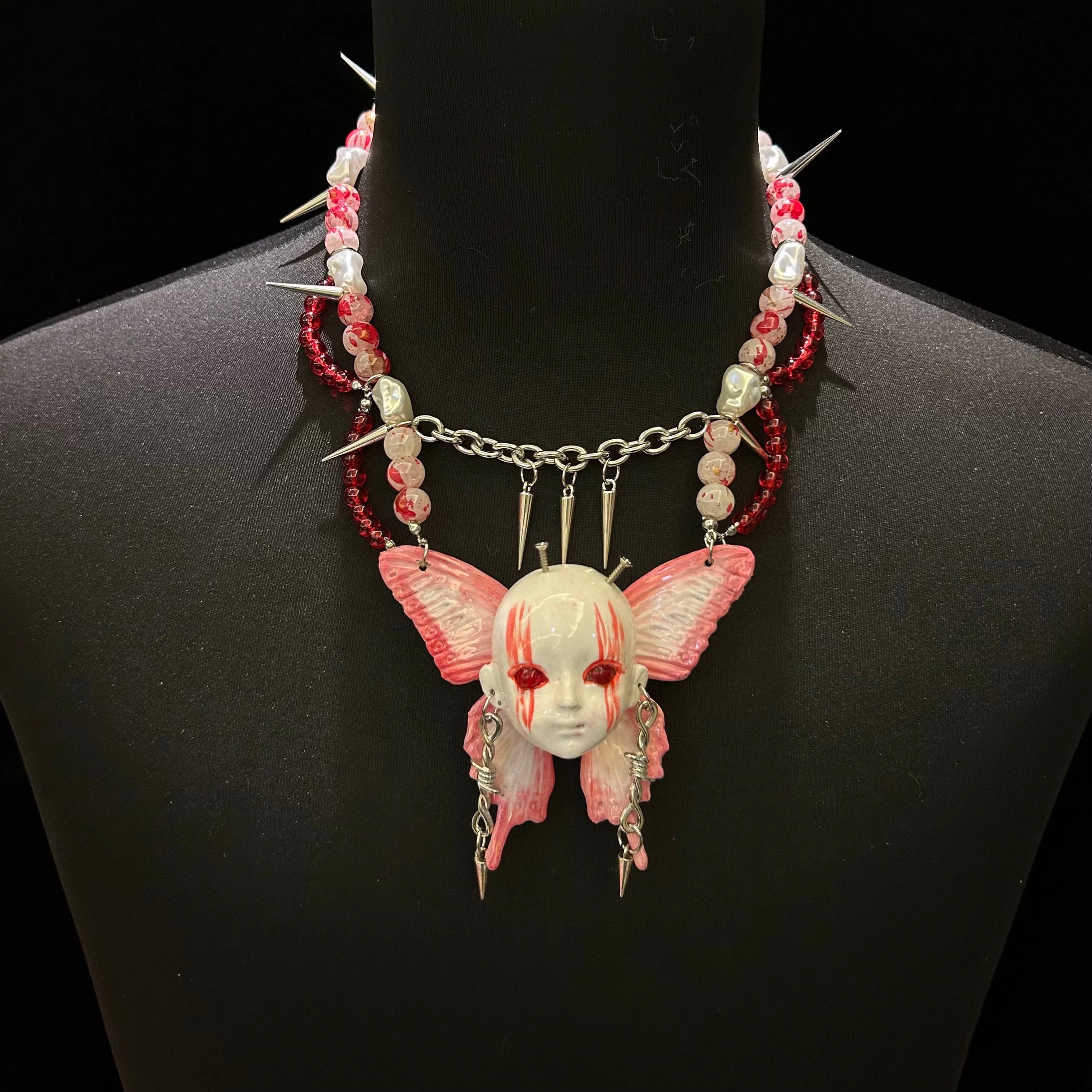 Handmade Scarlet Butterfly Doll Head Necklace