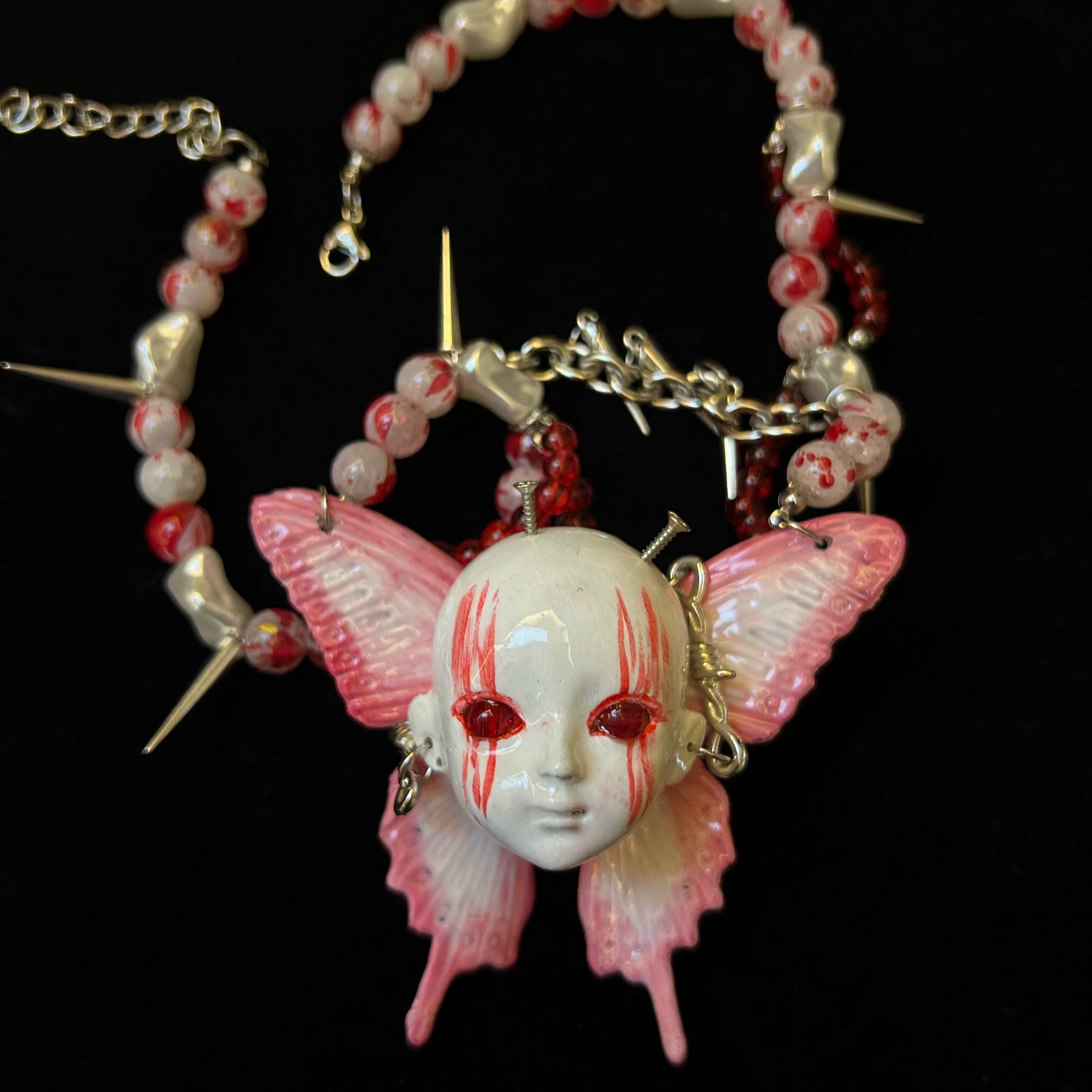 Handmade Scarlet Butterfly Doll Head Necklace