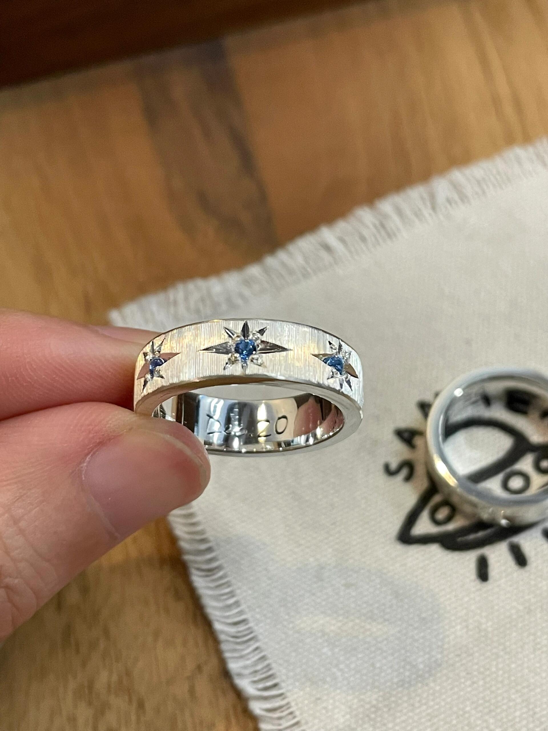 Handmade Blue Zirconia Brushed Ring
-Three Stars Collection  (Free Customization)