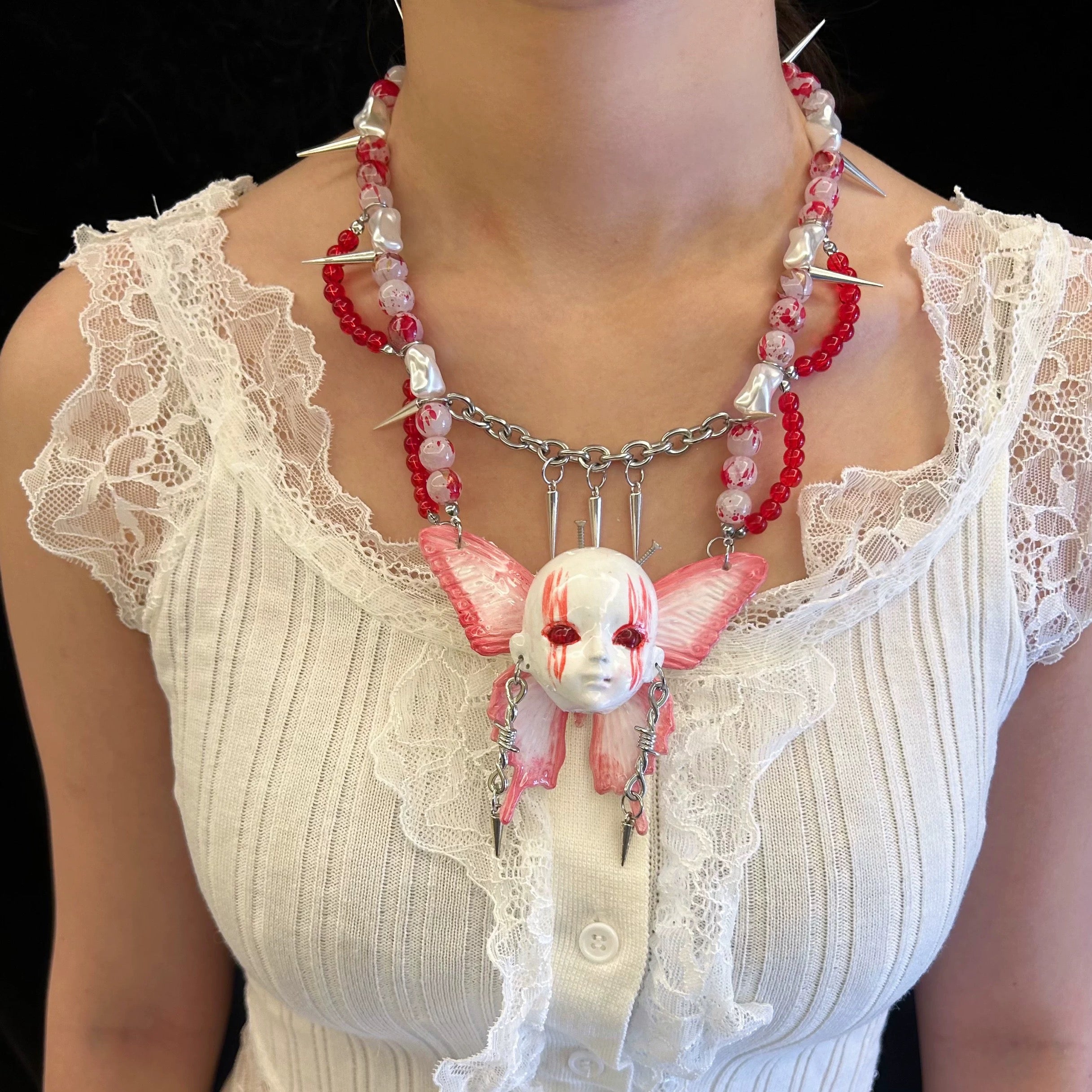 Handmade Scarlet Butterfly Doll Head Necklace