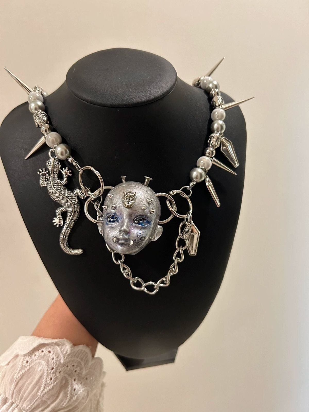 Handmade Silver Punk Style Doll Head Necklace