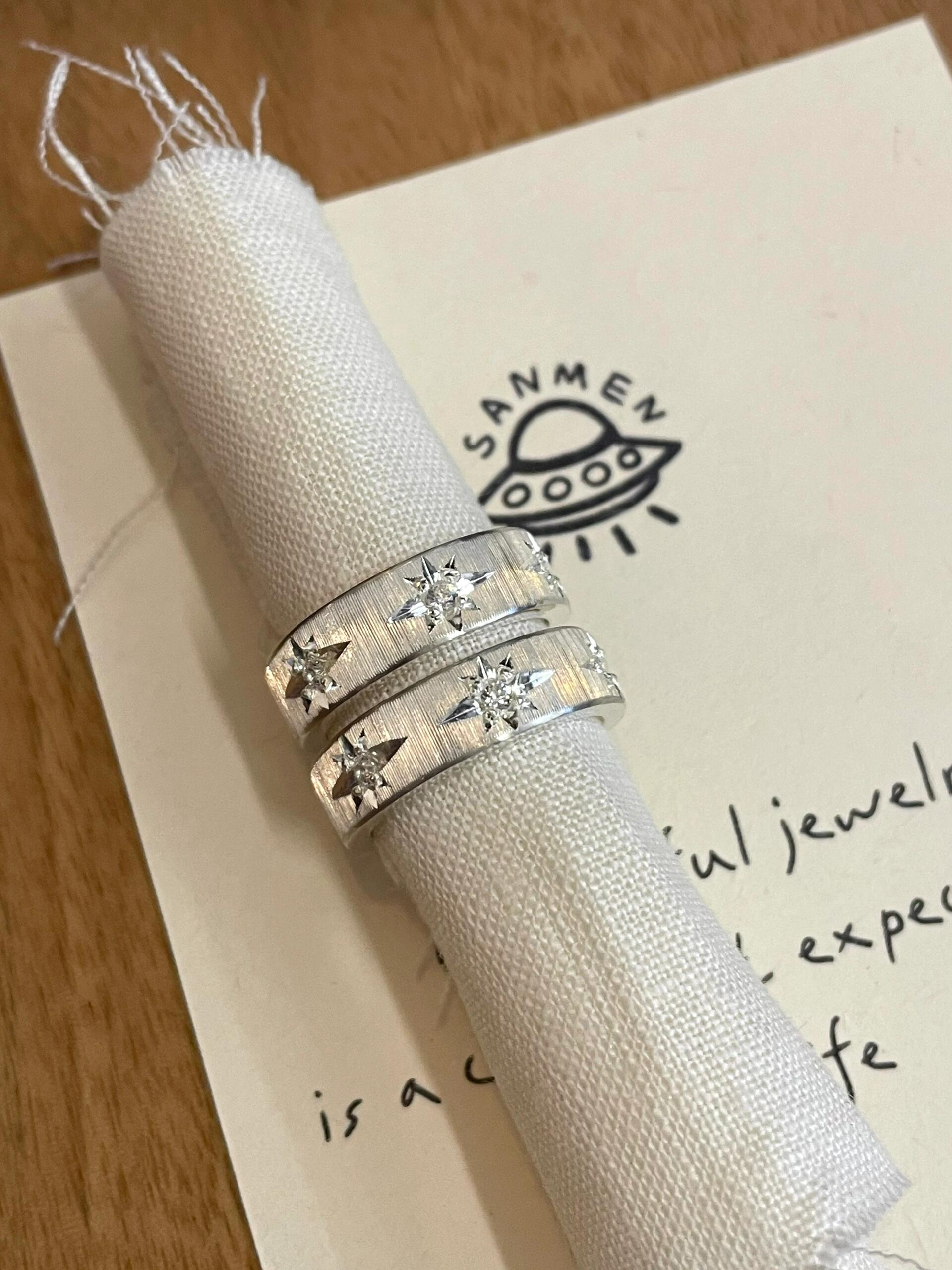 Handmade White Zirconia Brushed Ring -Three Stars Collection  (Free Customization)