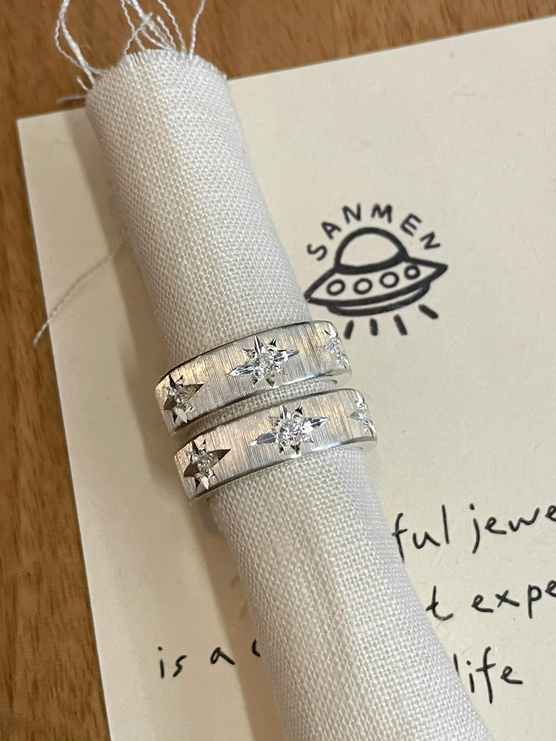 Handmade White Zirconia Brushed Ring -Three Stars Collection  (Free Customization)
