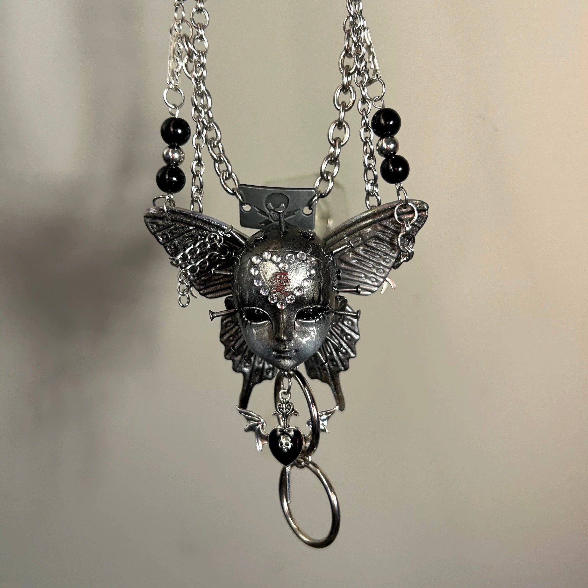 Handmade Silver Butterfly Cross Doll Head Necklace