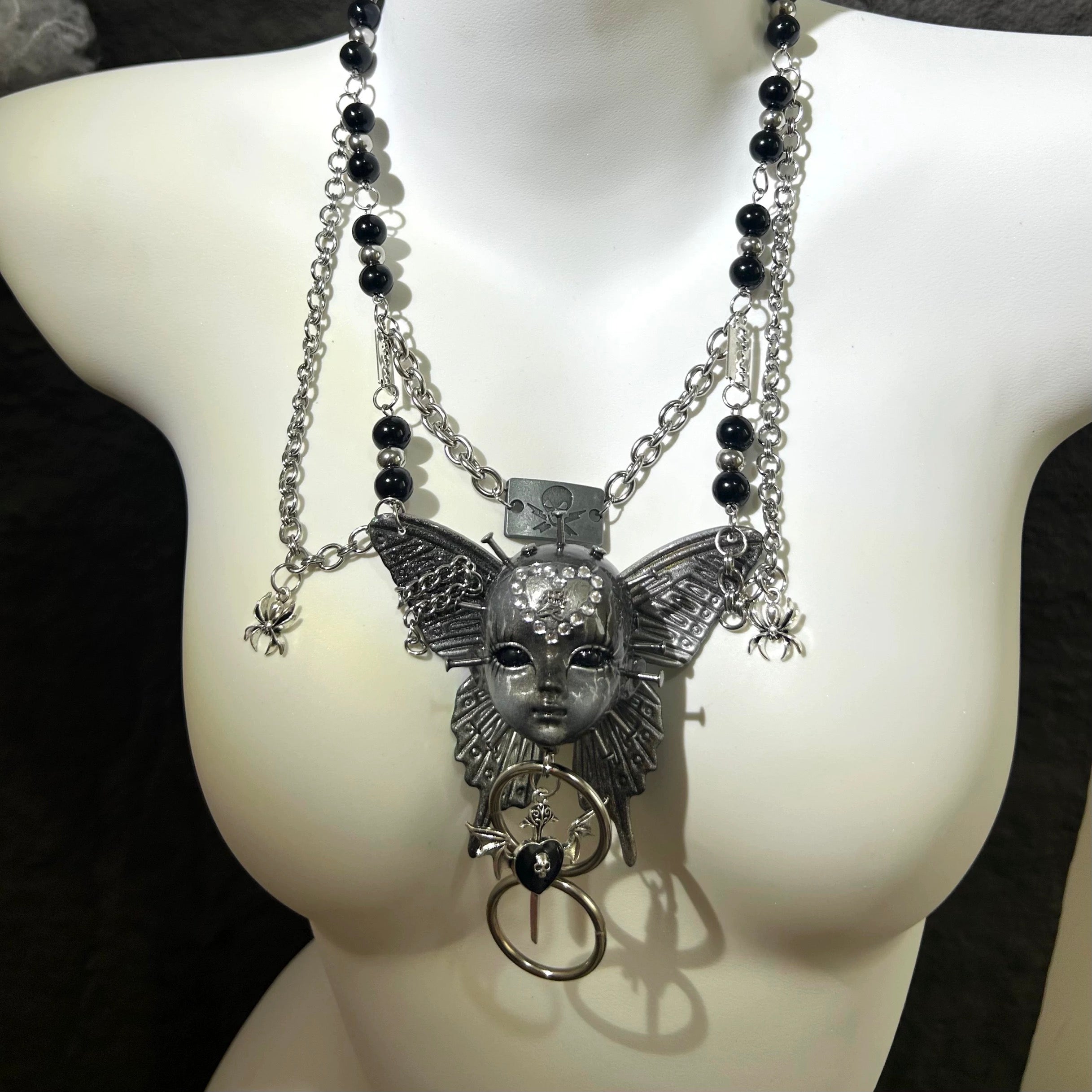 Handmade Silver Butterfly Cross Doll Head Necklace