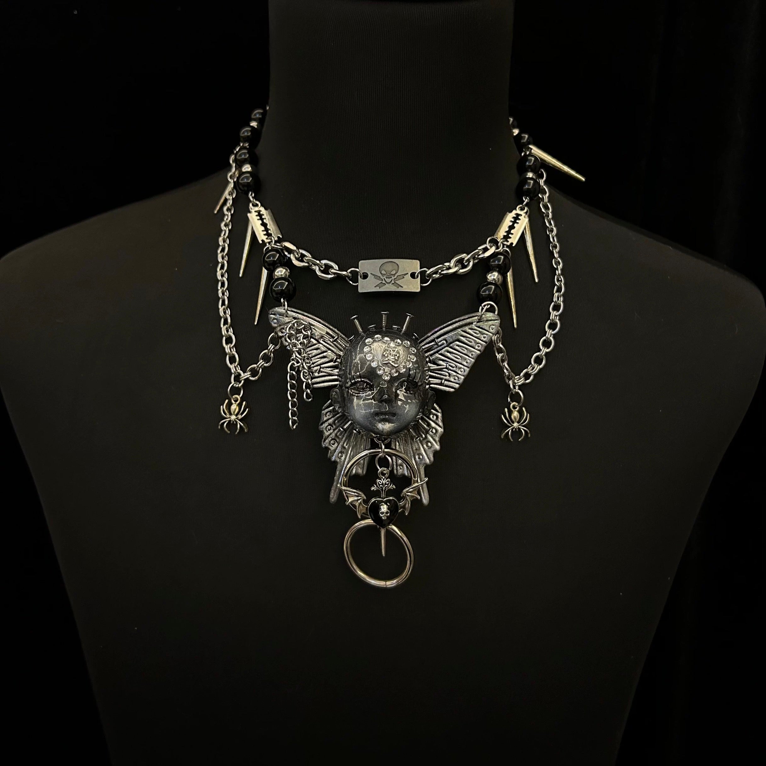 Handmade Silver Butterfly Cross Doll Head Necklace